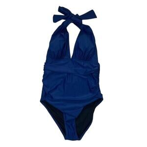 NWT Blue Halter Top One-Piece Swimsuit V-Neck Ruched Tummy Control Size Med